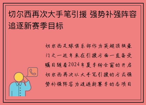 切尔西再次大手笔引援 强势补强阵容追逐新赛季目标 切尔西再次大手笔引援 强势补强阵容追逐新赛季目标